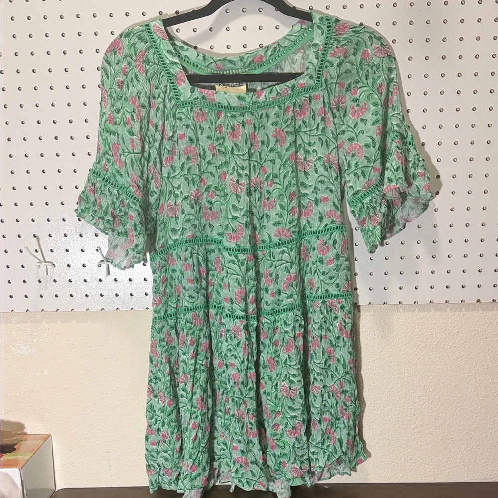 Playa Lucila Green Floral Mini Dress Ruffle Sleeve Boho Spring Summer Dress - Picture 5 of 10
